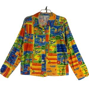 VTG Coldwater Creek Colorful Patchwork‎ Print Button Down Cotton Top Blouse - M